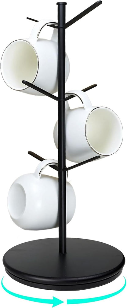 Premium Mug Tree, 6 Hooks Upgraded Stable Metal Mug Holder, Bamboo Base Coffee Mug Cup Rack for Counter Top, Mug Display, Home Storage and Cup Organizer, Black