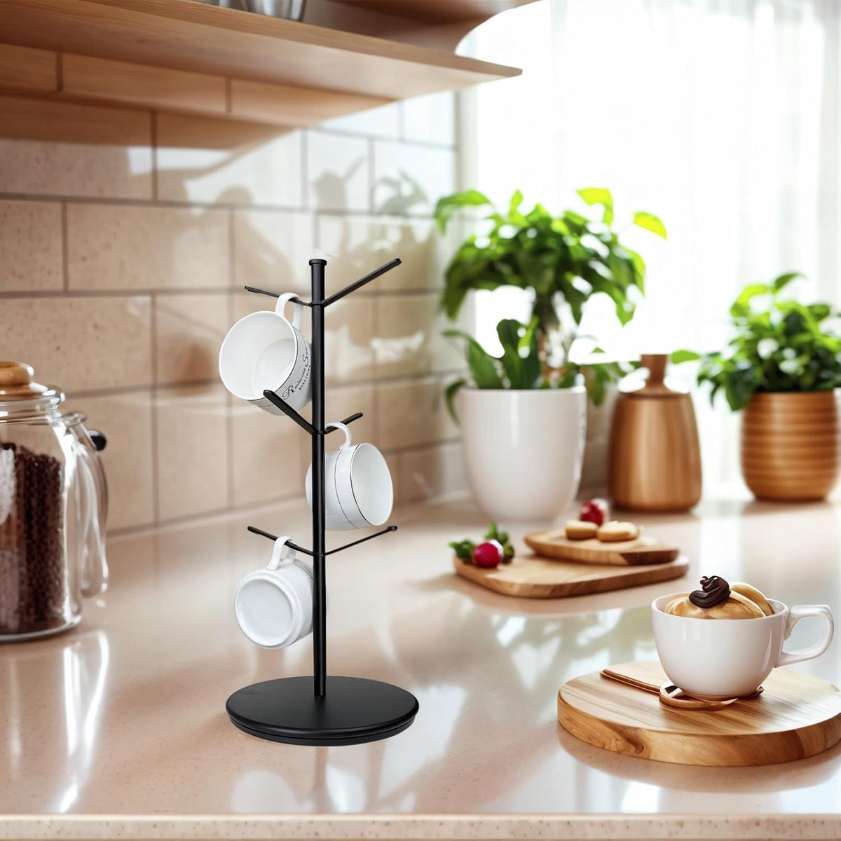 Premium Mug Tree, 6 Hooks Upgraded Stable Metal Mug Holder, Bamboo Base Coffee Mug Cup Rack for Counter Top, Mug Display, Home Storage and Cup Organizer, Black