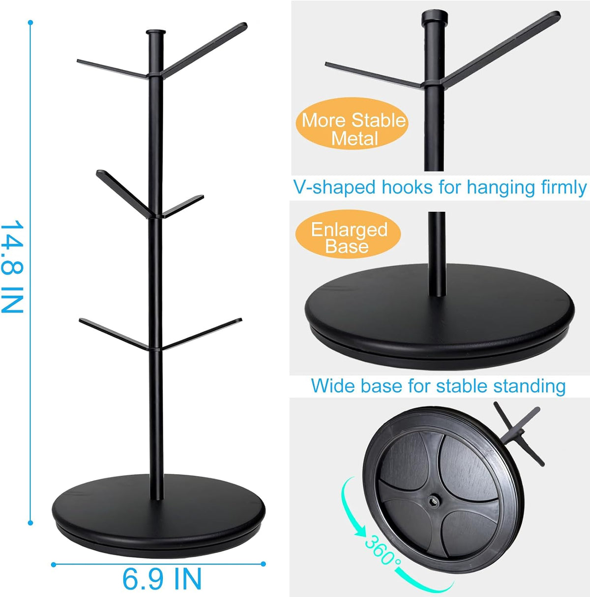 Premium Mug Tree, 6 Hooks Upgraded Stable Metal Mug Holder, Bamboo Base Coffee Mug Cup Rack for Counter Top, Mug Display, Home Storage and Cup Organizer, Black