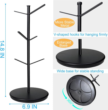 Premium Mug Tree, 6 Hooks Upgraded Stable Metal Mug Holder, Bamboo Base Coffee Mug Cup Rack for Counter Top, Mug Display, Home Storage and Cup Organizer, Black