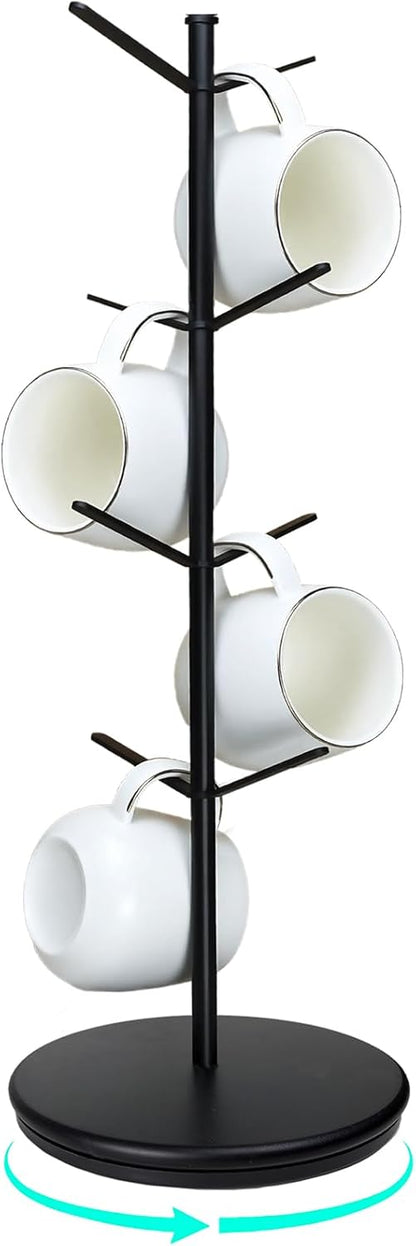 Premium Mug Tree, 6 Hooks Upgraded Stable Metal Mug Holder, Bamboo Base Coffee Mug Cup Rack for Counter Top, Mug Display, Home Storage and Cup Organizer, Black