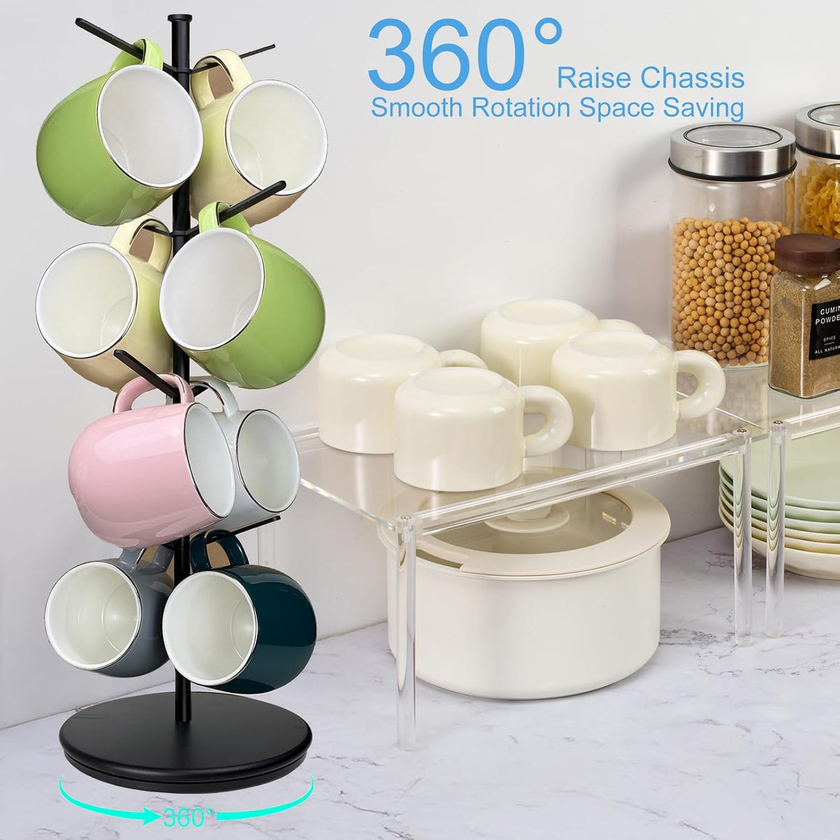 Premium Mug Tree, 6 Hooks Upgraded Stable Metal Mug Holder, Bamboo Base Coffee Mug Cup Rack for Counter Top, Mug Display, Home Storage and Cup Organizer, Black