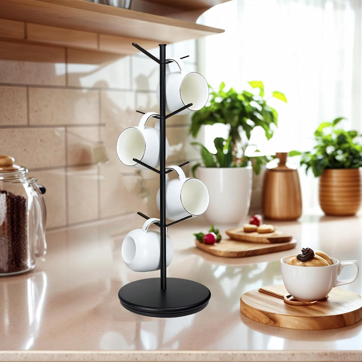 Premium Mug Tree, 6 Hooks Upgraded Stable Metal Mug Holder, Bamboo Base Coffee Mug Cup Rack for Counter Top, Mug Display, Home Storage and Cup Organizer, Black