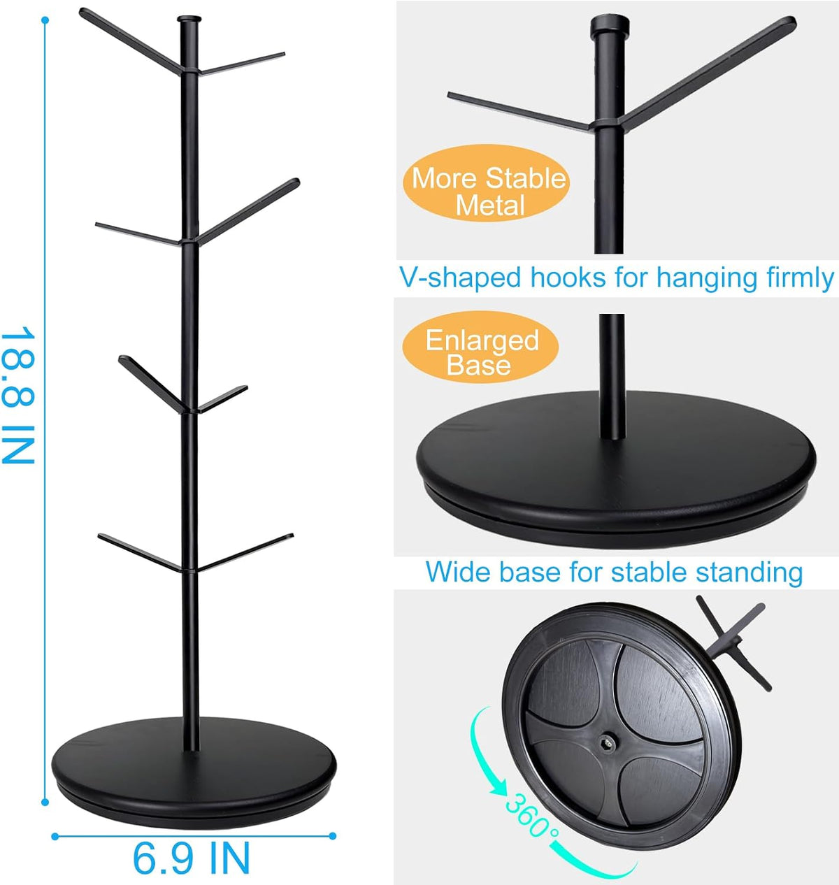 Premium Mug Tree, 6 Hooks Upgraded Stable Metal Mug Holder, Bamboo Base Coffee Mug Cup Rack for Counter Top, Mug Display, Home Storage and Cup Organizer, Black