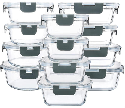 24 Piece Glass Food Storage Containers with Lids,Gray