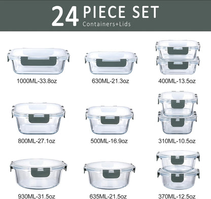 24 Piece Glass Food Storage Containers with Lids,Gray