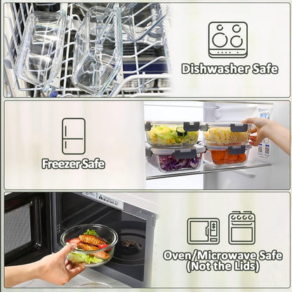 24 Piece Glass Food Storage Containers with Lids,Gray