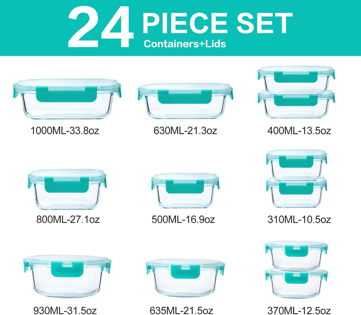 24 Piece Glass Food Storage Containers with Lids,Gray