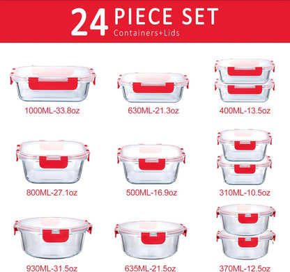24 Piece Glass Food Storage Containers with Lids,Gray