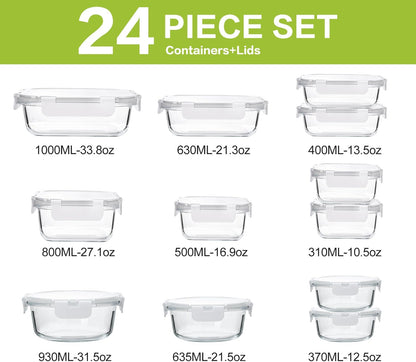 24 Piece Glass Food Storage Containers with Lids,Gray