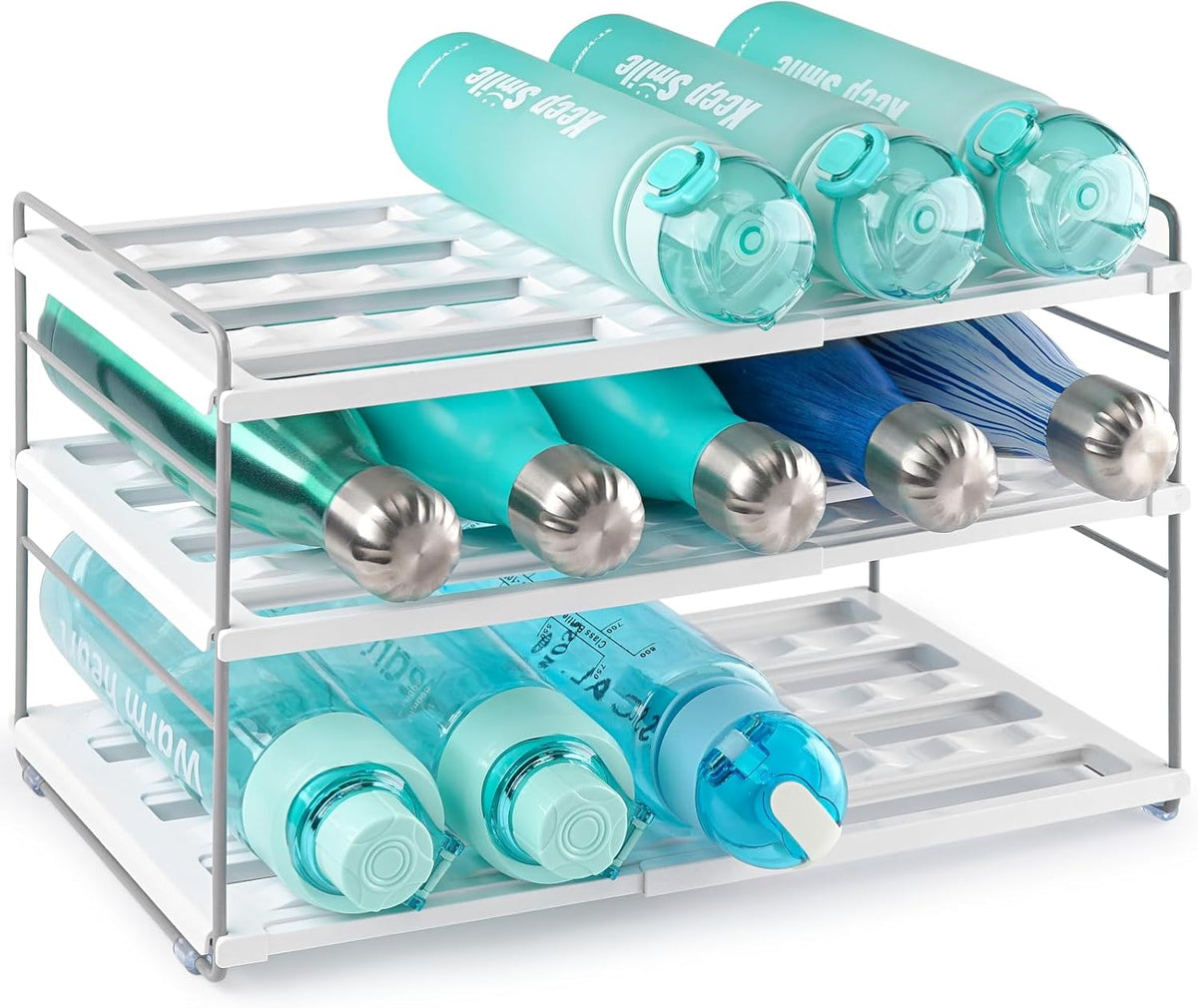 Adjustable Water Bottle Organizer Holder for Cabinet, 3-Tier Expandable Water Bottle Storage Rack for Tumblers, Travel Mugs, and Cups – Kitchen Pantry Organization and Storage for Stanley Cups