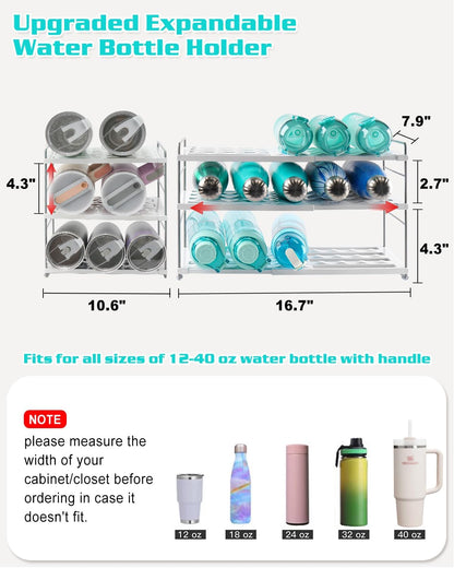 Adjustable Water Bottle Organizer Holder for Cabinet, 3-Tier Expandable Water Bottle Storage Rack for Tumblers, Travel Mugs, and Cups – Kitchen Pantry Organization and Storage for Stanley Cups