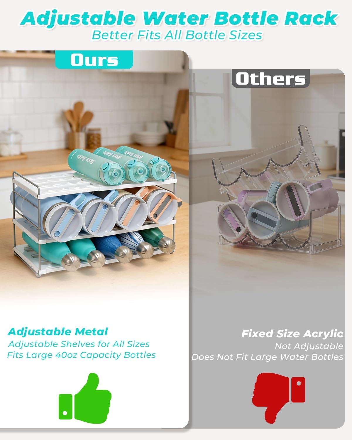 Adjustable Water Bottle Organizer Holder for Cabinet, 3-Tier Expandable Water Bottle Storage Rack for Tumblers, Travel Mugs, and Cups – Kitchen Pantry Organization and Storage for Stanley Cups