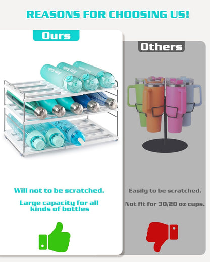 Adjustable Water Bottle Organizer Holder for Cabinet, 3-Tier Expandable Water Bottle Storage Rack for Tumblers, Travel Mugs, and Cups – Kitchen Pantry Organization and Storage for Stanley Cups