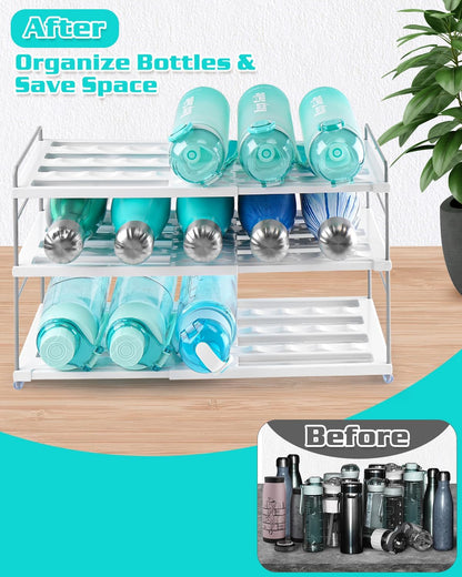 Adjustable Water Bottle Organizer Holder for Cabinet, 3-Tier Expandable Water Bottle Storage Rack for Tumblers, Travel Mugs, and Cups – Kitchen Pantry Organization and Storage for Stanley Cups