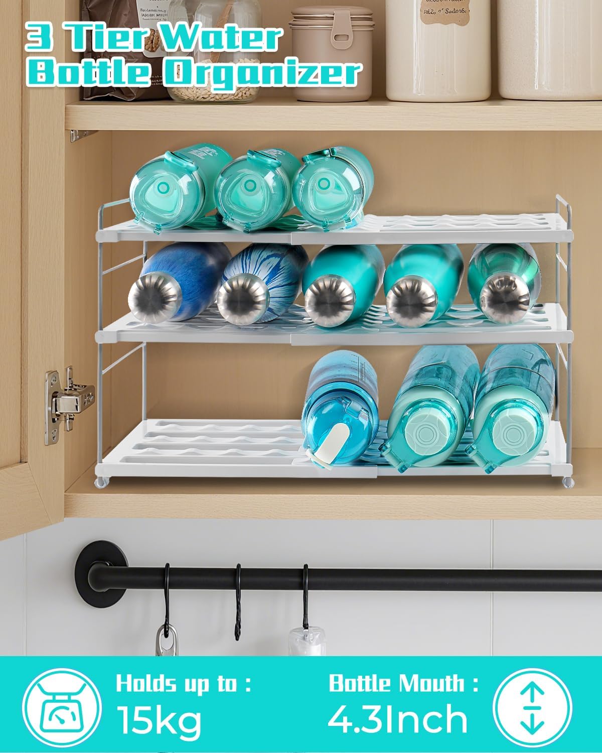 Adjustable Water Bottle Organizer Holder for Cabinet, 3-Tier Expandable Water Bottle Storage Rack for Tumblers, Travel Mugs, and Cups – Kitchen Pantry Organization and Storage for Stanley Cups