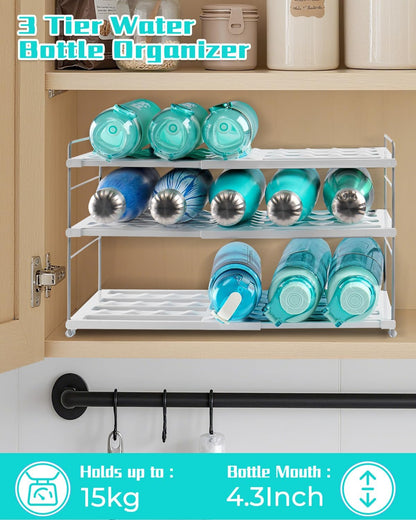 Adjustable Water Bottle Organizer Holder for Cabinet, 3-Tier Expandable Water Bottle Storage Rack for Tumblers, Travel Mugs, and Cups – Kitchen Pantry Organization and Storage for Stanley Cups