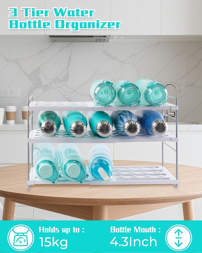 Adjustable Water Bottle Organizer Holder for Cabinet, 3-Tier Expandable Water Bottle Storage Rack for Tumblers, Travel Mugs, and Cups – Kitchen Pantry Organization and Storage for Stanley Cups