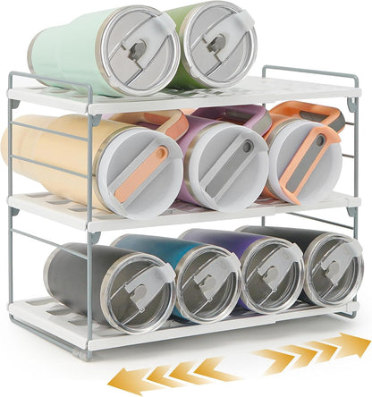 Adjustable Water Bottle Organizer Holder for Cabinet, 3-Tier Expandable Water Bottle Storage Rack for Tumblers, Travel Mugs, and Cups – Kitchen Pantry Organization and Storage for Stanley Cups