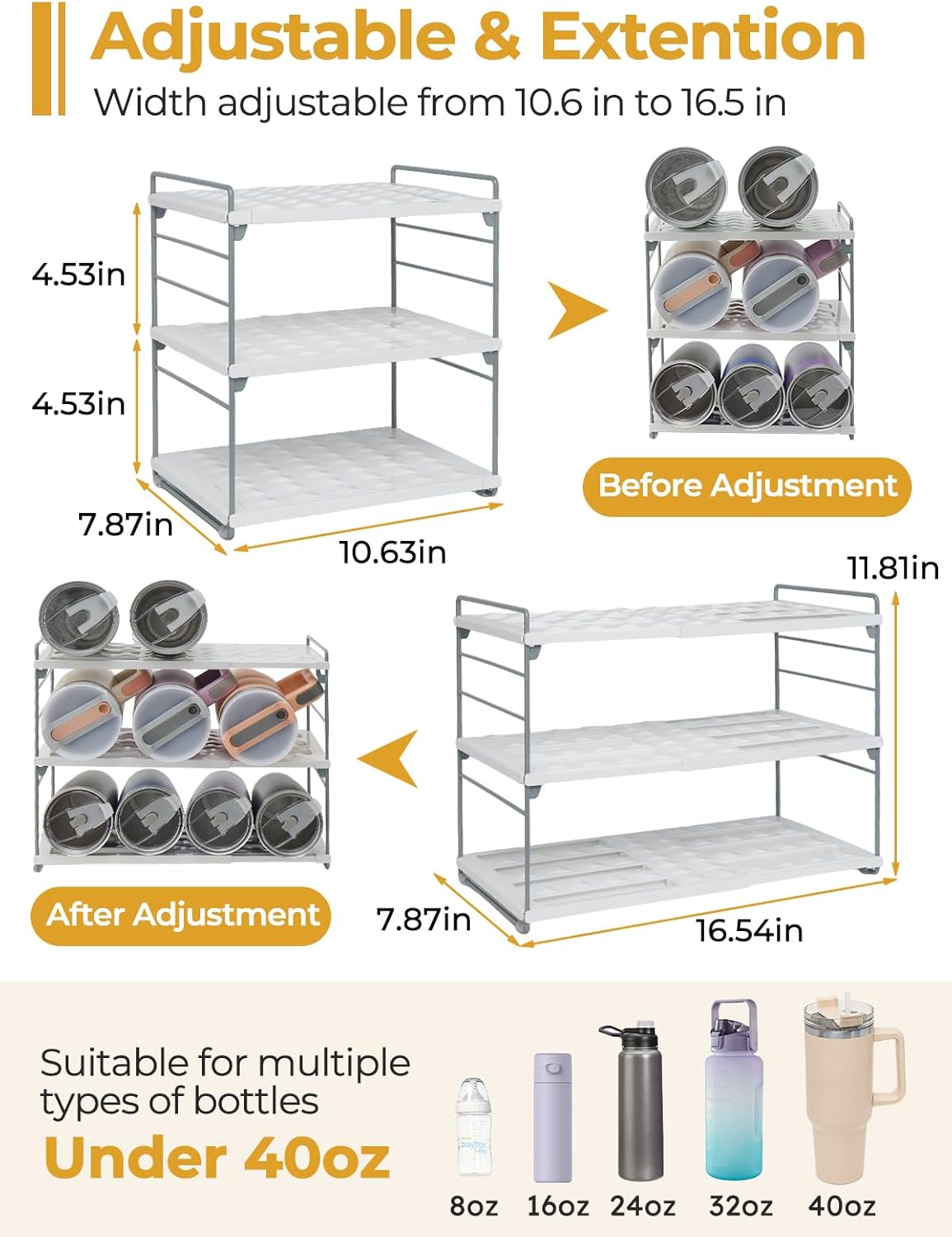 Adjustable Water Bottle Organizer Holder for Cabinet, 3-Tier Expandable Water Bottle Storage Rack for Tumblers, Travel Mugs, and Cups – Kitchen Pantry Organization and Storage for Stanley Cups