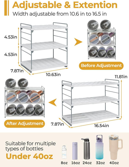 Adjustable Water Bottle Organizer Holder for Cabinet, 3-Tier Expandable Water Bottle Storage Rack for Tumblers, Travel Mugs, and Cups – Kitchen Pantry Organization and Storage for Stanley Cups