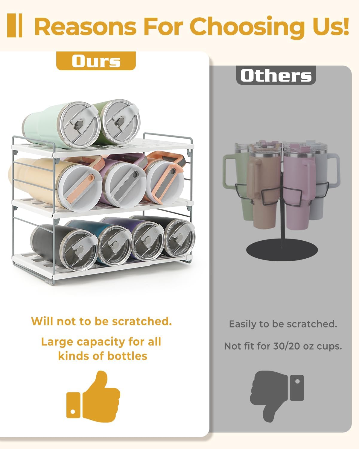 Adjustable Water Bottle Organizer Holder for Cabinet, 3-Tier Expandable Water Bottle Storage Rack for Tumblers, Travel Mugs, and Cups – Kitchen Pantry Organization and Storage for Stanley Cups