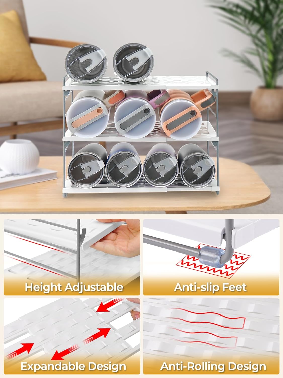 Adjustable Water Bottle Organizer Holder for Cabinet, 3-Tier Expandable Water Bottle Storage Rack for Tumblers, Travel Mugs, and Cups – Kitchen Pantry Organization and Storage for Stanley Cups