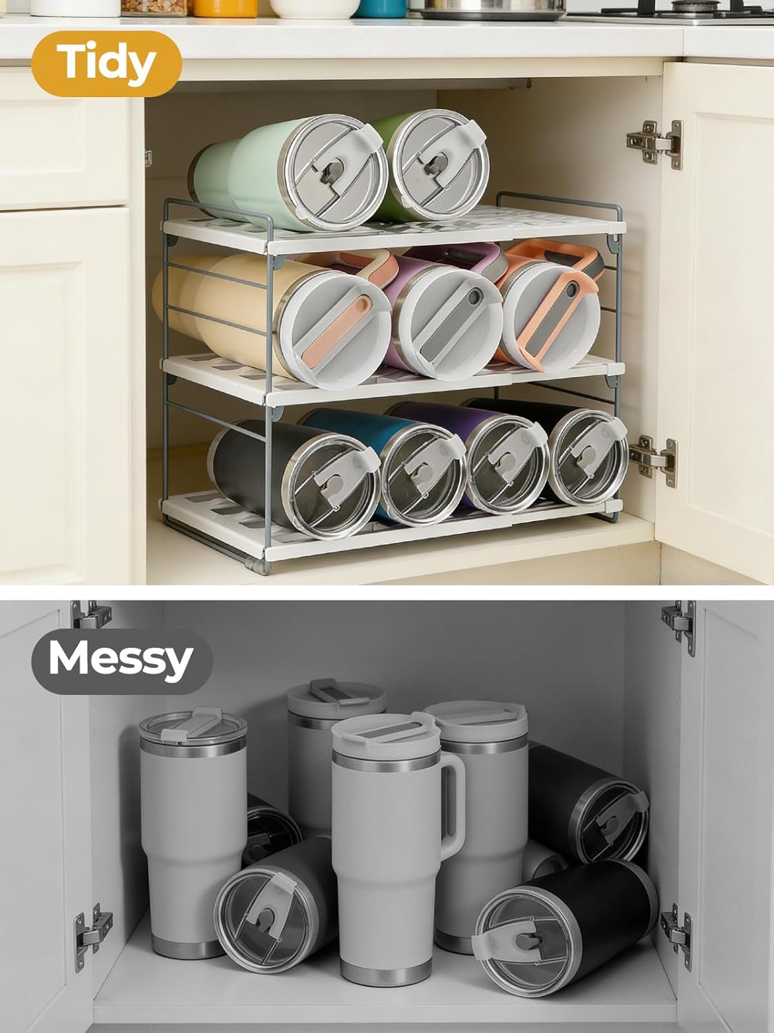 Adjustable Water Bottle Organizer Holder for Cabinet, 3-Tier Expandable Water Bottle Storage Rack for Tumblers, Travel Mugs, and Cups – Kitchen Pantry Organization and Storage for Stanley Cups