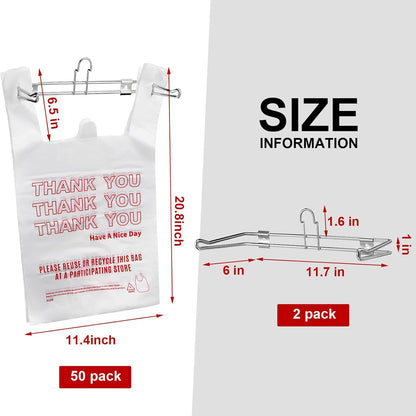 2 Pcs Plastic Grocery Bag Holder with 50 Pcs Bags, T-shirt Sack Organizer Rack Hanging Holder, Storage Organization Accessories for Grocery Store Supermarket Restaurant Business