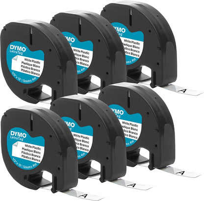 Authentic LT Plastic Labeling Tape for LetraTag Label Makers, 1/2" (12mm), Black Print On White Tape