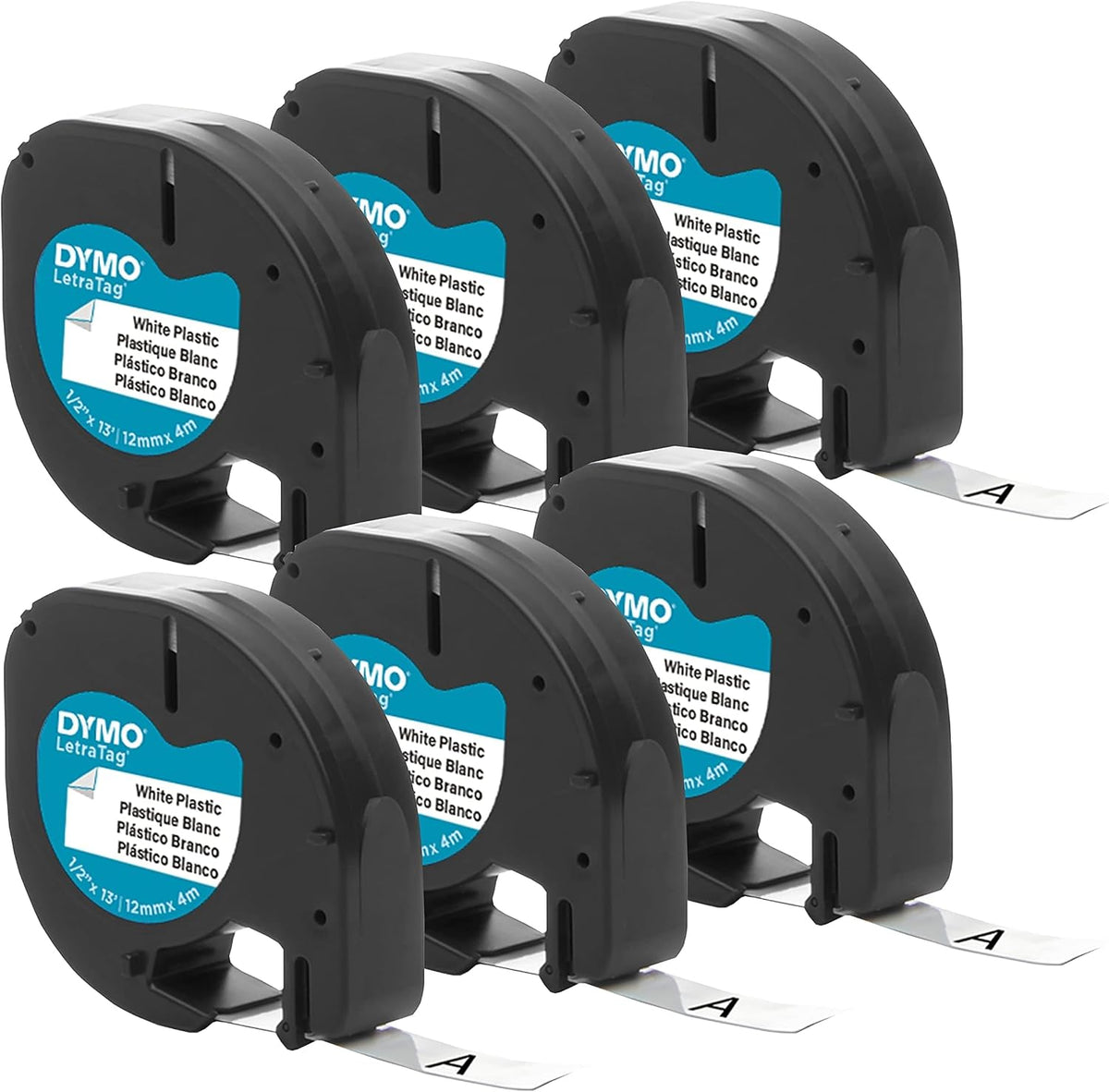 Authentic LT Plastic Labeling Tape for LetraTag Label Makers, 1/2" (12mm), Black Print On White Tape