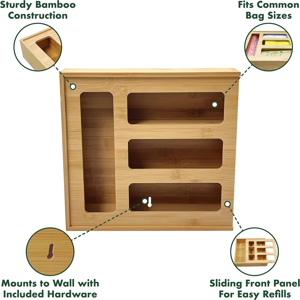 Bamboo Zip Storage Bag Organizer for Kitchen Drawer and Wall Mount | Solid Bamboo Food Storage Bag Holder | Plastic Bag Organizer for Sandwich and Snack Storage