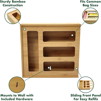 Bamboo Zip Storage Bag Organizer for Kitchen Drawer and Wall Mount | Solid Bamboo Food Storage Bag Holder | Plastic Bag Organizer for Sandwich and Snack Storage