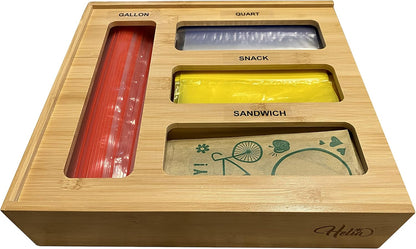 Bamboo Zip Storage Bag Organizer for Kitchen Drawer and Wall Mount | Solid Bamboo Food Storage Bag Holder | Plastic Bag Organizer for Sandwich and Snack Storage