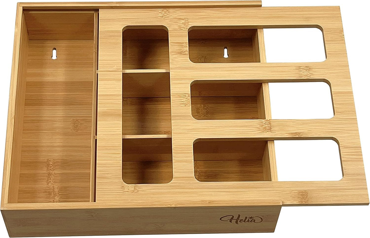 Bamboo Zip Storage Bag Organizer for Kitchen Drawer and Wall Mount | Solid Bamboo Food Storage Bag Holder | Plastic Bag Organizer for Sandwich and Snack Storage