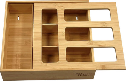 Bamboo Zip Storage Bag Organizer for Kitchen Drawer and Wall Mount | Solid Bamboo Food Storage Bag Holder | Plastic Bag Organizer for Sandwich and Snack Storage