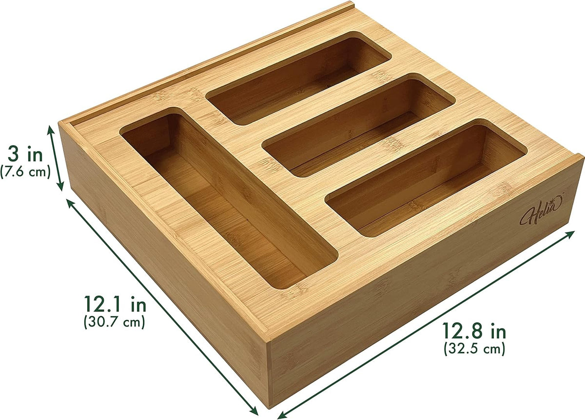 Bamboo Zip Storage Bag Organizer for Kitchen Drawer and Wall Mount | Solid Bamboo Food Storage Bag Holder | Plastic Bag Organizer for Sandwich and Snack Storage