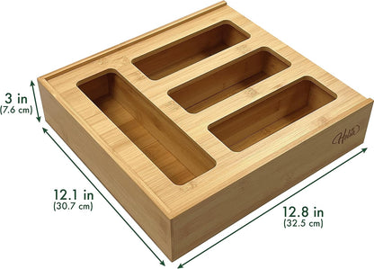 Bamboo Zip Storage Bag Organizer for Kitchen Drawer and Wall Mount | Solid Bamboo Food Storage Bag Holder | Plastic Bag Organizer for Sandwich and Snack Storage