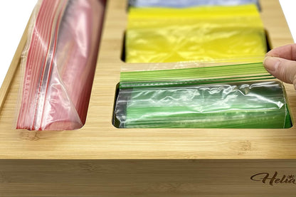 Bamboo Zip Storage Bag Organizer for Kitchen Drawer and Wall Mount | Solid Bamboo Food Storage Bag Holder | Plastic Bag Organizer for Sandwich and Snack Storage