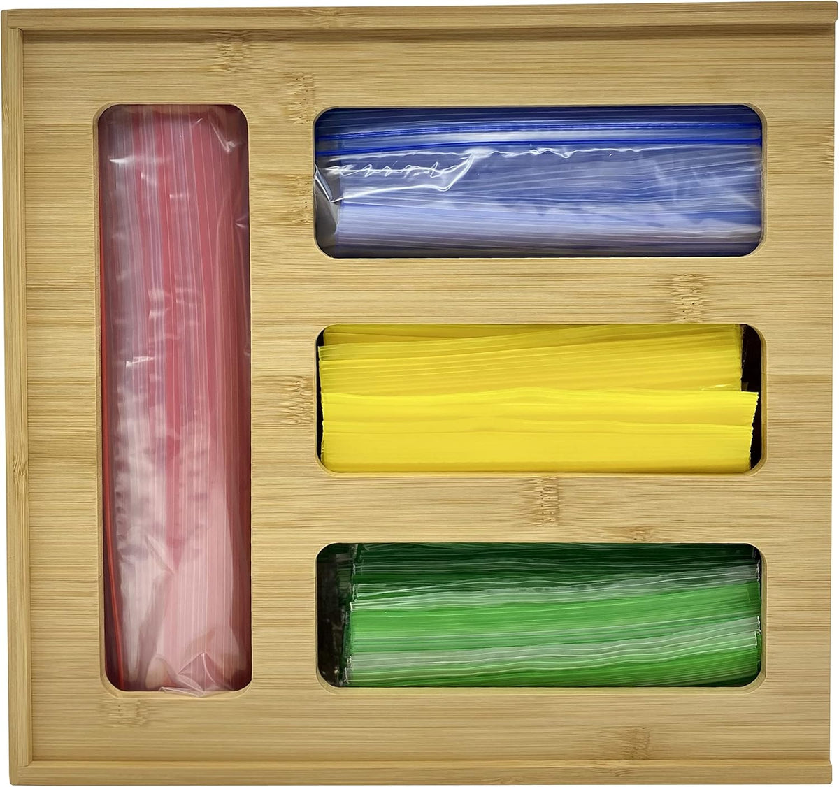 Bamboo Zip Storage Bag Organizer for Kitchen Drawer and Wall Mount | Solid Bamboo Food Storage Bag Holder | Plastic Bag Organizer for Sandwich and Snack Storage