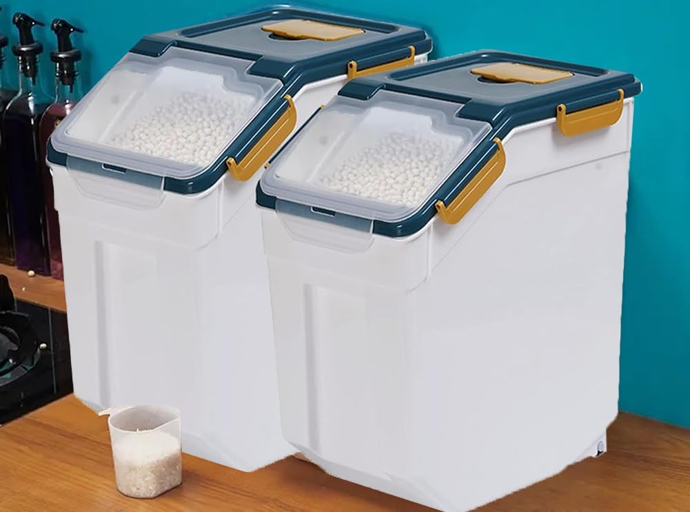 25LB Large Flour Storage Container Bin ,2 Pack Airtight Plastic with Wheels Seal Locking Lid Dispenser Organizer Storage Bin with Measuring Cup & Scoop for Flour, Rice, Grain 50LBS Total