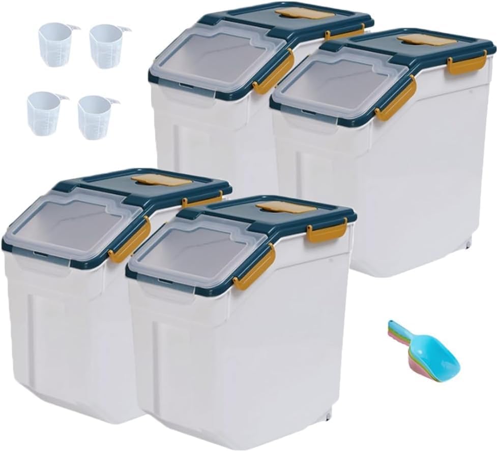 25LB Large Flour Storage Container Bin ,2 Pack Airtight Plastic with Wheels Seal Locking Lid Dispenser Organizer Storage Bin with Measuring Cup & Scoop for Flour, Rice, Grain 50LBS Total