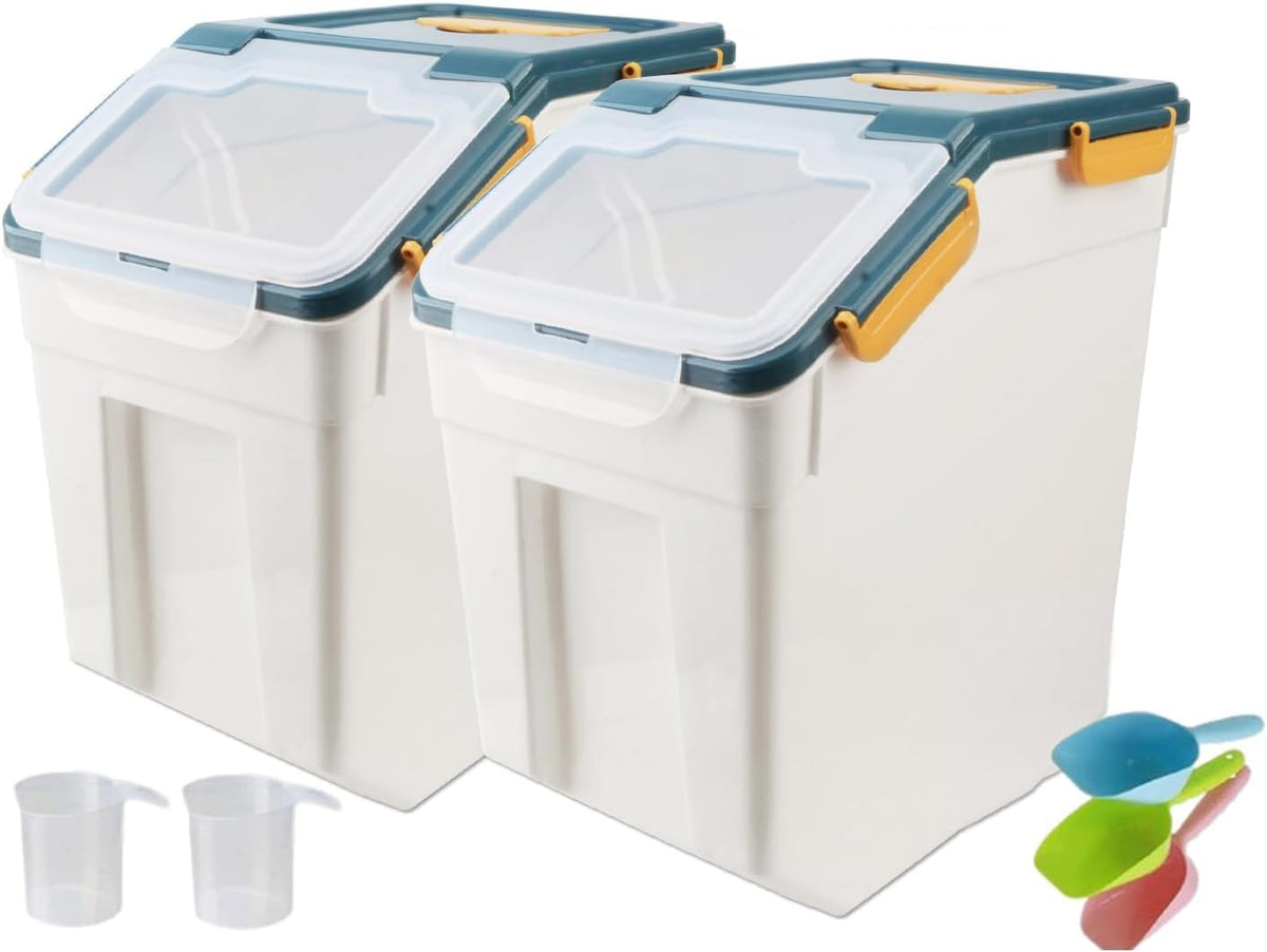 25LB Large Flour Storage Container Bin ,2 Pack Airtight Plastic with Wheels Seal Locking Lid Dispenser Organizer Storage Bin with Measuring Cup & Scoop for Flour, Rice, Grain 50LBS Total
