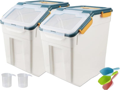 25LB Large Flour Storage Container Bin ,2 Pack Airtight Plastic with Wheels Seal Locking Lid Dispenser Organizer Storage Bin with Measuring Cup & Scoop for Flour, Rice, Grain 50LBS Total