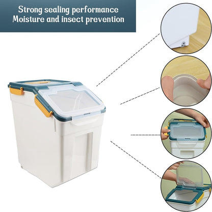 25LB Large Flour Storage Container Bin ,2 Pack Airtight Plastic with Wheels Seal Locking Lid Dispenser Organizer Storage Bin with Measuring Cup & Scoop for Flour, Rice, Grain 50LBS Total