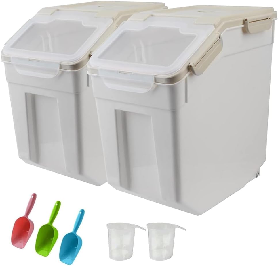 25LB Large Flour Storage Container Bin ,2 Pack Airtight Plastic with Wheels Seal Locking Lid Dispenser Organizer Storage Bin with Measuring Cup & Scoop for Flour, Rice, Grain 50LBS Total