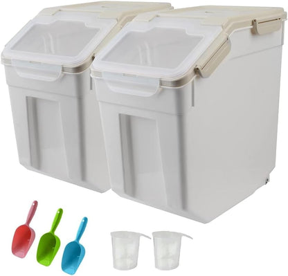 25LB Large Flour Storage Container Bin ,2 Pack Airtight Plastic with Wheels Seal Locking Lid Dispenser Organizer Storage Bin with Measuring Cup & Scoop for Flour, Rice, Grain 50LBS Total