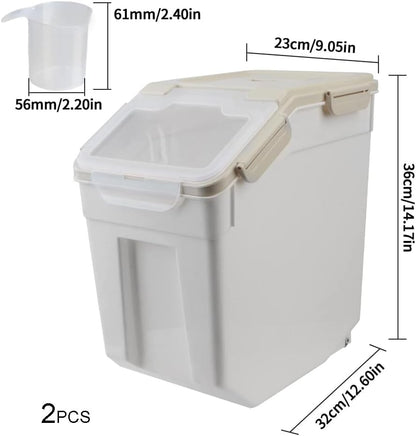 25LB Large Flour Storage Container Bin ,2 Pack Airtight Plastic with Wheels Seal Locking Lid Dispenser Organizer Storage Bin with Measuring Cup & Scoop for Flour, Rice, Grain 50LBS Total