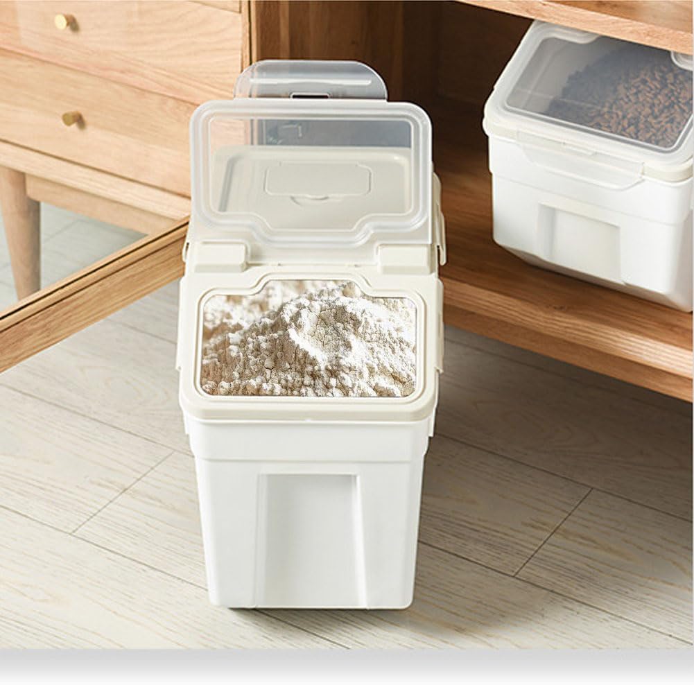 25LB Large Flour Storage Container Bin ,2 Pack Airtight Plastic with Wheels Seal Locking Lid Dispenser Organizer Storage Bin with Measuring Cup & Scoop for Flour, Rice, Grain 50LBS Total