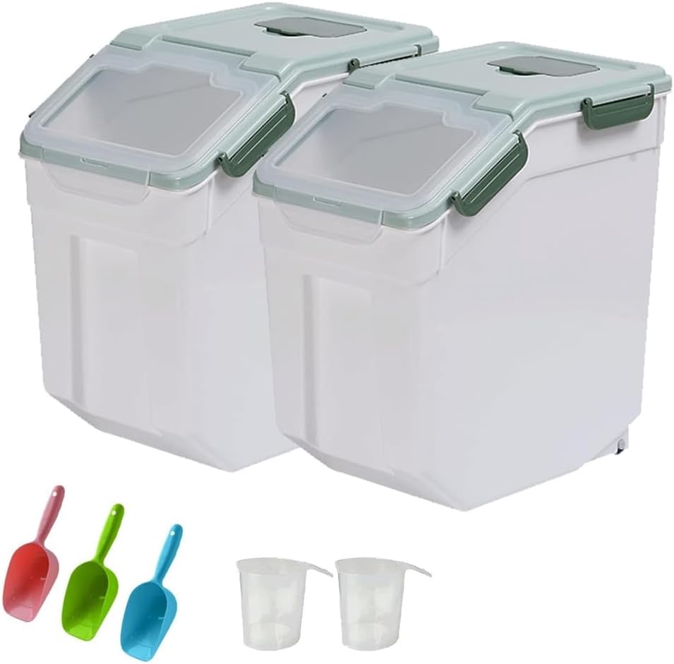 25LB Large Flour Storage Container Bin ,2 Pack Airtight Plastic with Wheels Seal Locking Lid Dispenser Organizer Storage Bin with Measuring Cup & Scoop for Flour, Rice, Grain 50LBS Total